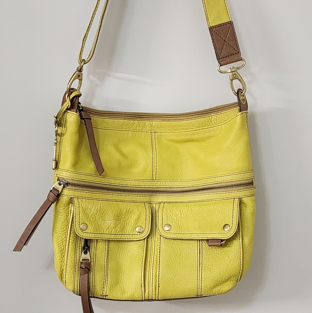 Fossil Morgan Citrus Pebble Leather Traveler Crossbody Shoulder Bag 14" X 12.5"